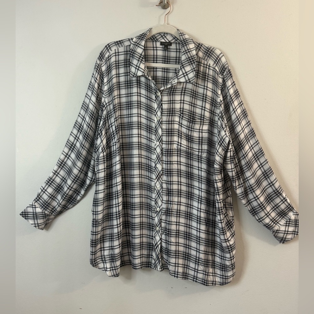Talbots Top Preppy Grunge Rustic Western Plaid White Black 3X Plus Size